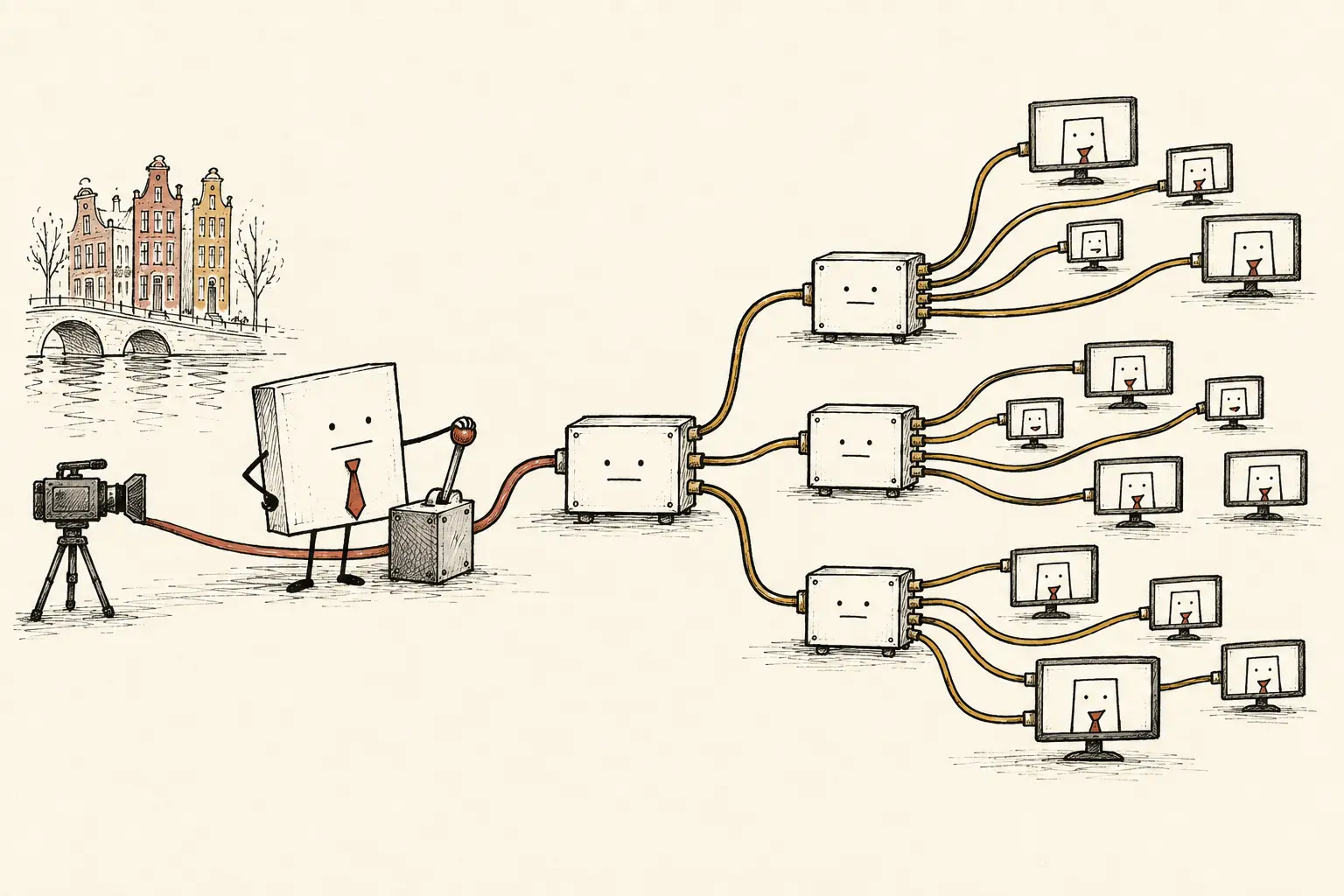 One live camera feed fans through several relay boxes to many screens while a data packet calmly operates a switch.