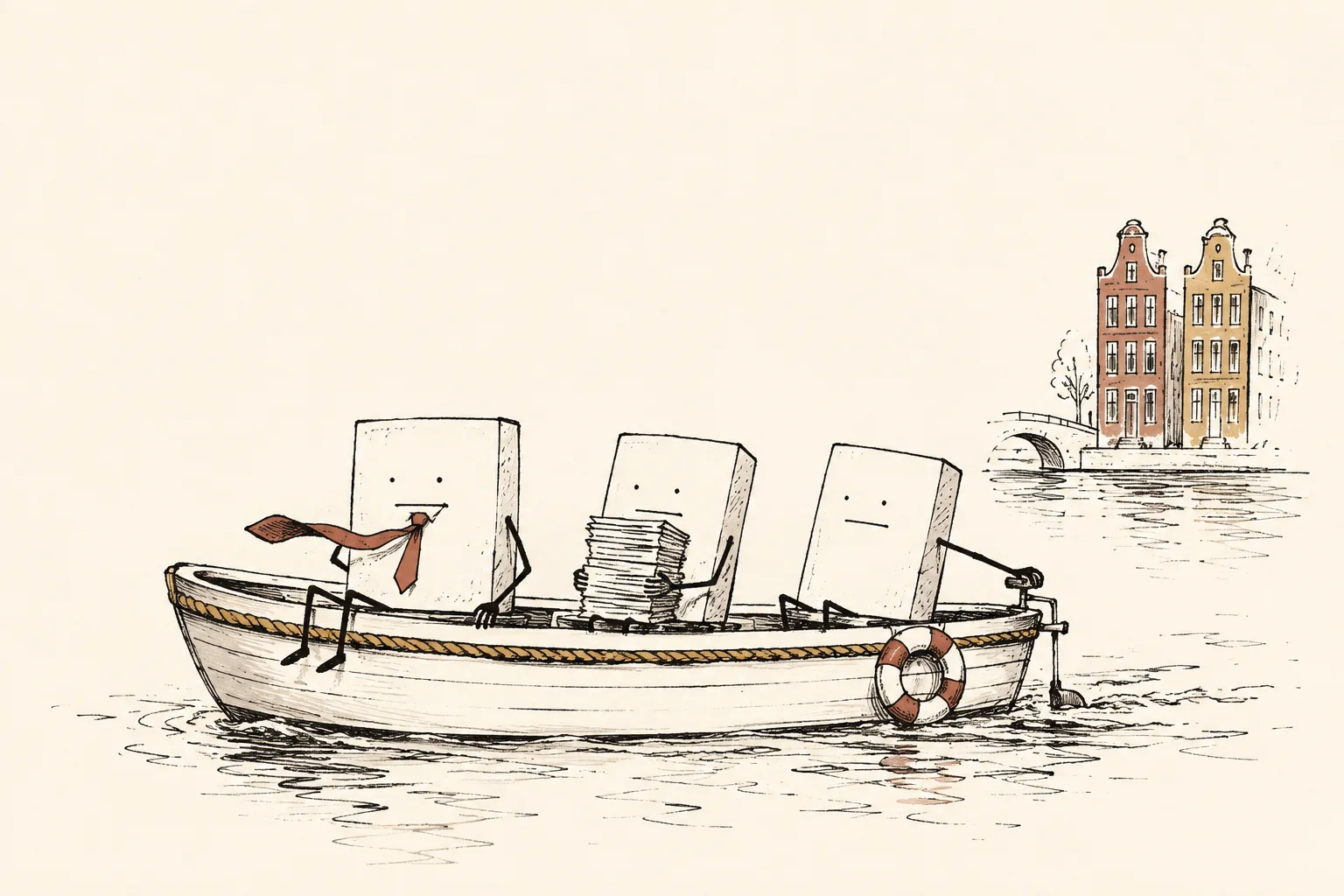 Three little data packets take an Amsterdam canal boat ride, with a stack of paperwork along for the trip.