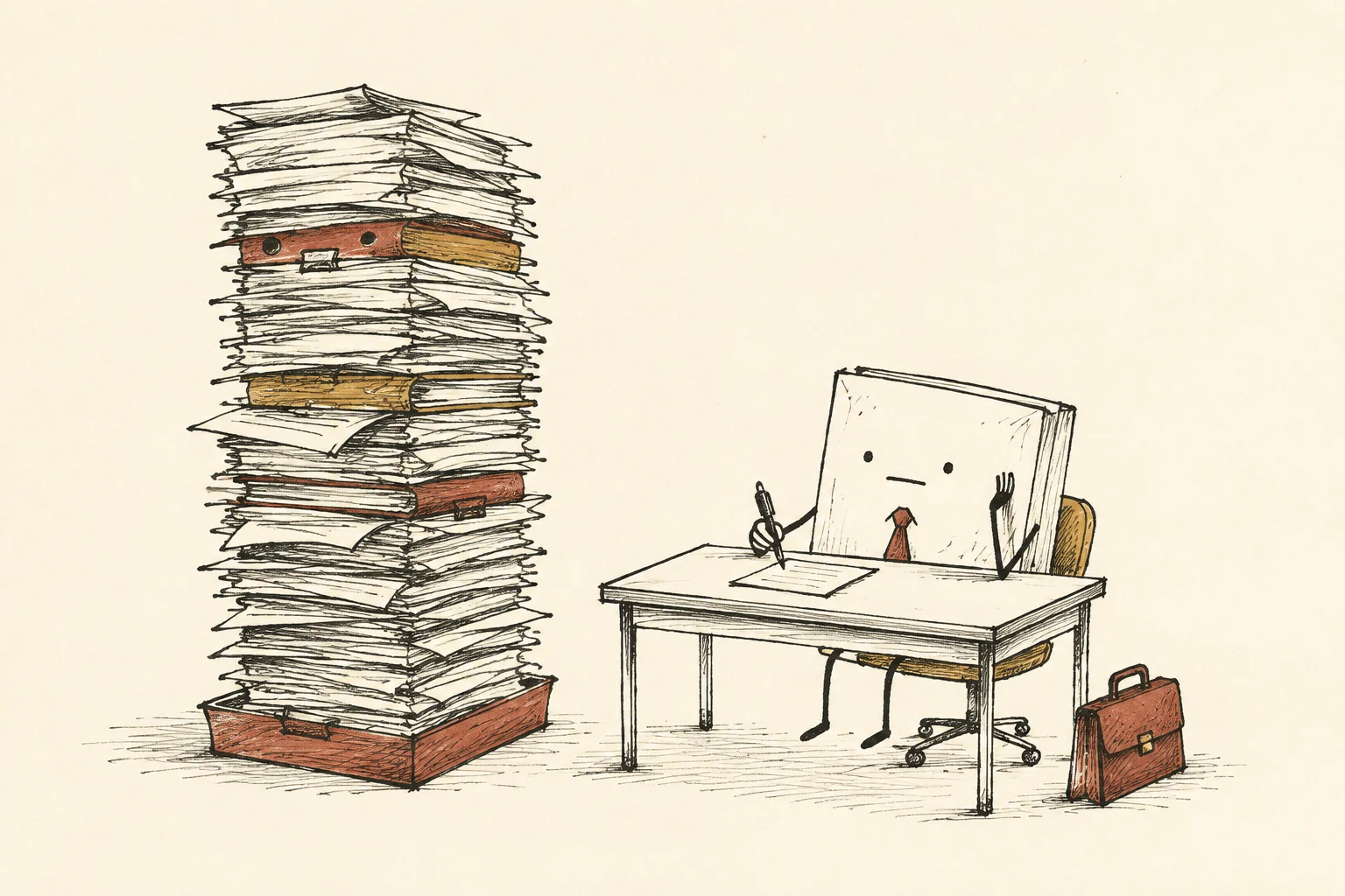A little data packet in a necktie confronts a towering stack of paperwork at its first office job.