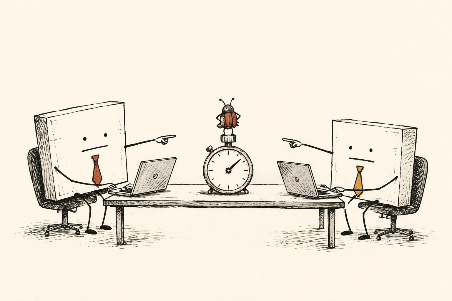 Two data packets blame each other across a desk while a small bug sits on the stopwatch between them.